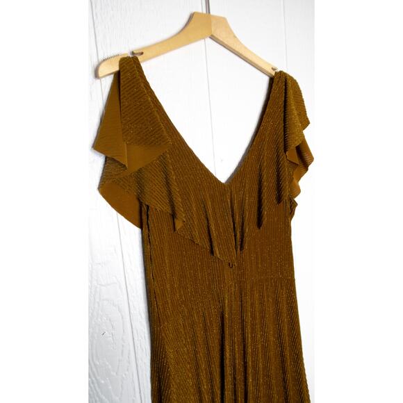 ZARA *BLOGGER FAV* Metallic Bronze Stripe Midi Dress Flutter Sleeve LARGE - Picture 7 of 10